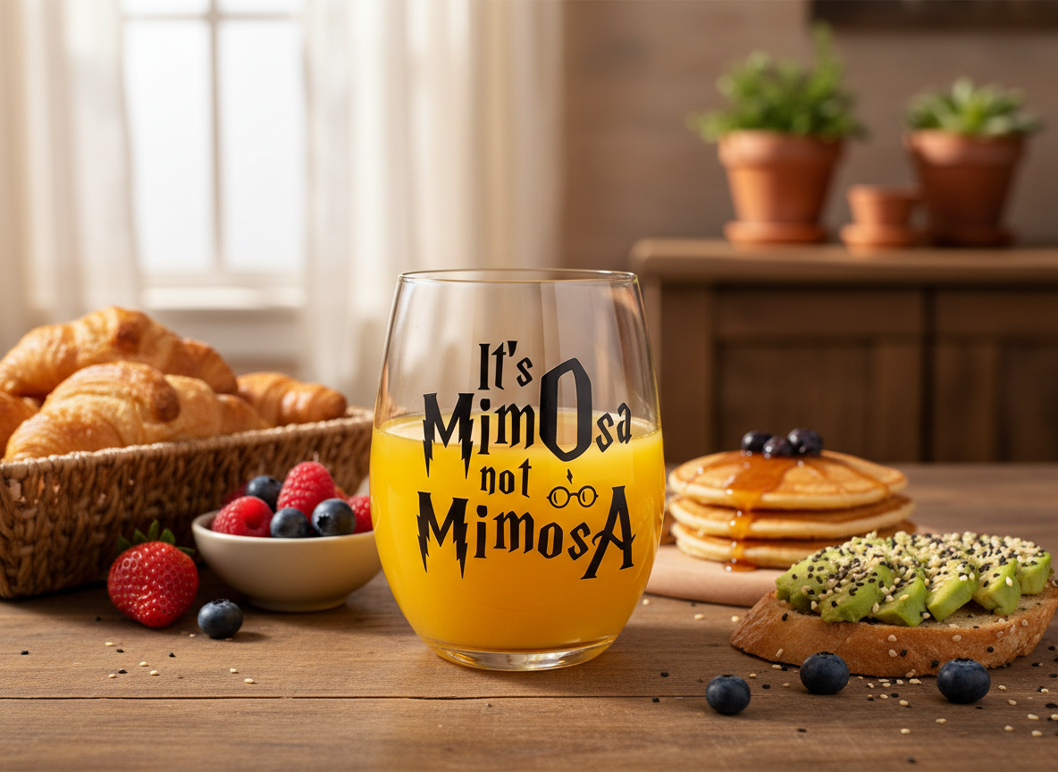 "It's MimOsa, Not MimosA" Wizard Parody Stemless Wine Glass
