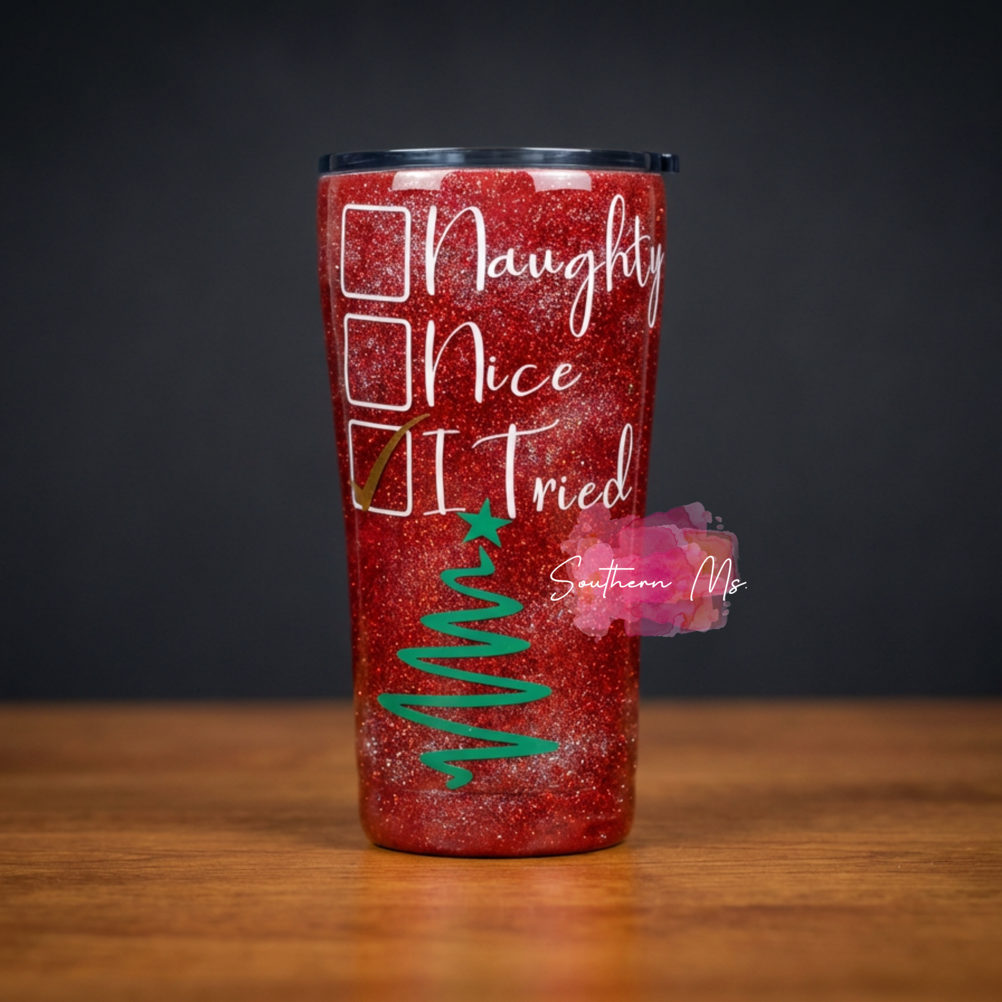 “Naughty, Nice… I Tried” Red Christmas Glitter Tumbler | Holiday Humor Cup | Funny Christmas Gift