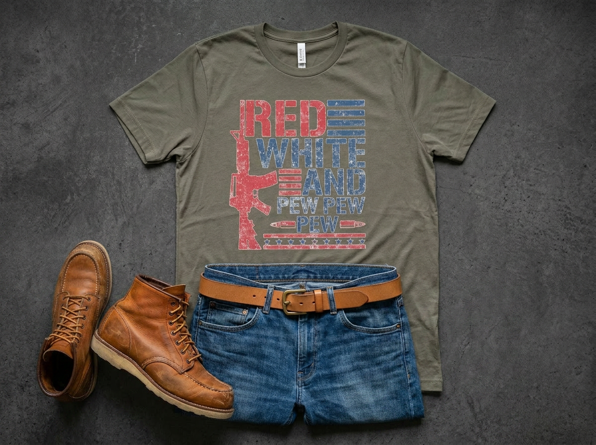 Red, White & Pew Pew Patriotic T-Shirt | Funny 4th of July Graphic Tee | Americana Freedom Shirt