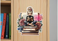 Book Lover Aesthetic UV Sticker | Reading Girl on Books with Flowers | Waterproof Vinyl Decal for Kindles, Laptops & Book Carts