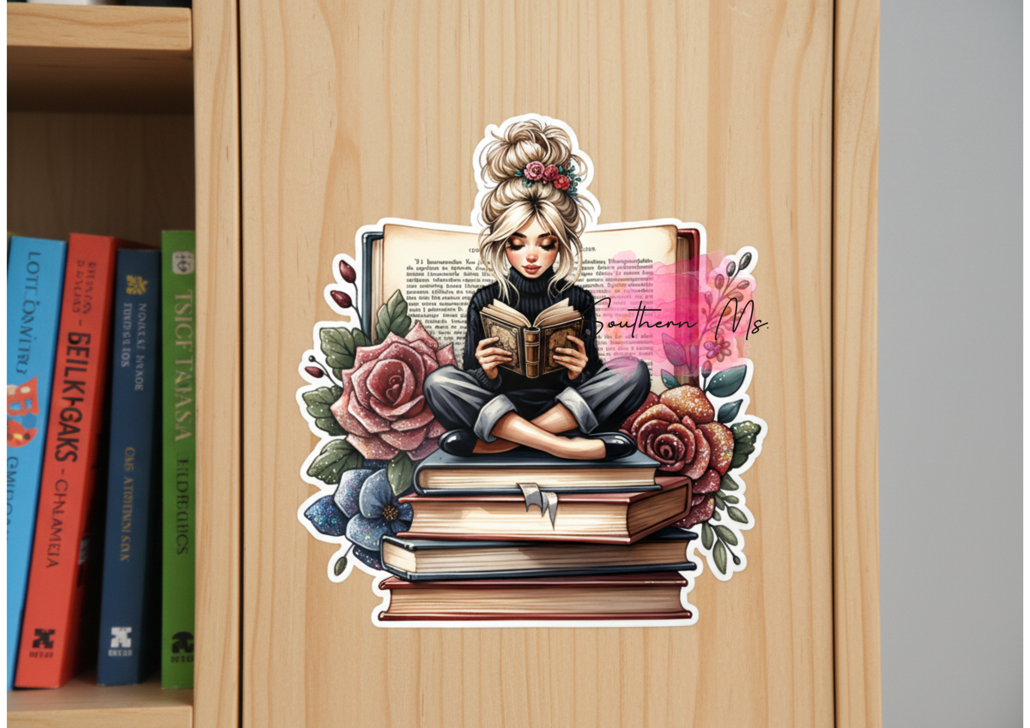Book Lover Aesthetic UV Sticker | Reading Girl on Books with Flowers | Waterproof Vinyl Decal for Kindles, Laptops & Book Carts