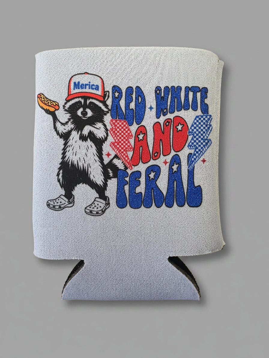 Red, White & Feral Patriotic Can Cooler | Funny Raccoon Koozie | America Drinking Sleeve | Fourth of July Can Cooler