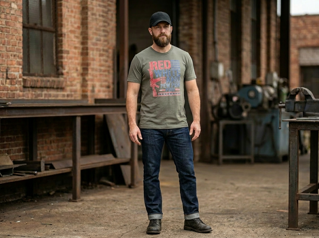 Red, White & Pew Pew Patriotic T-Shirt | Funny 4th of July Graphic Tee | Americana Freedom Shirt