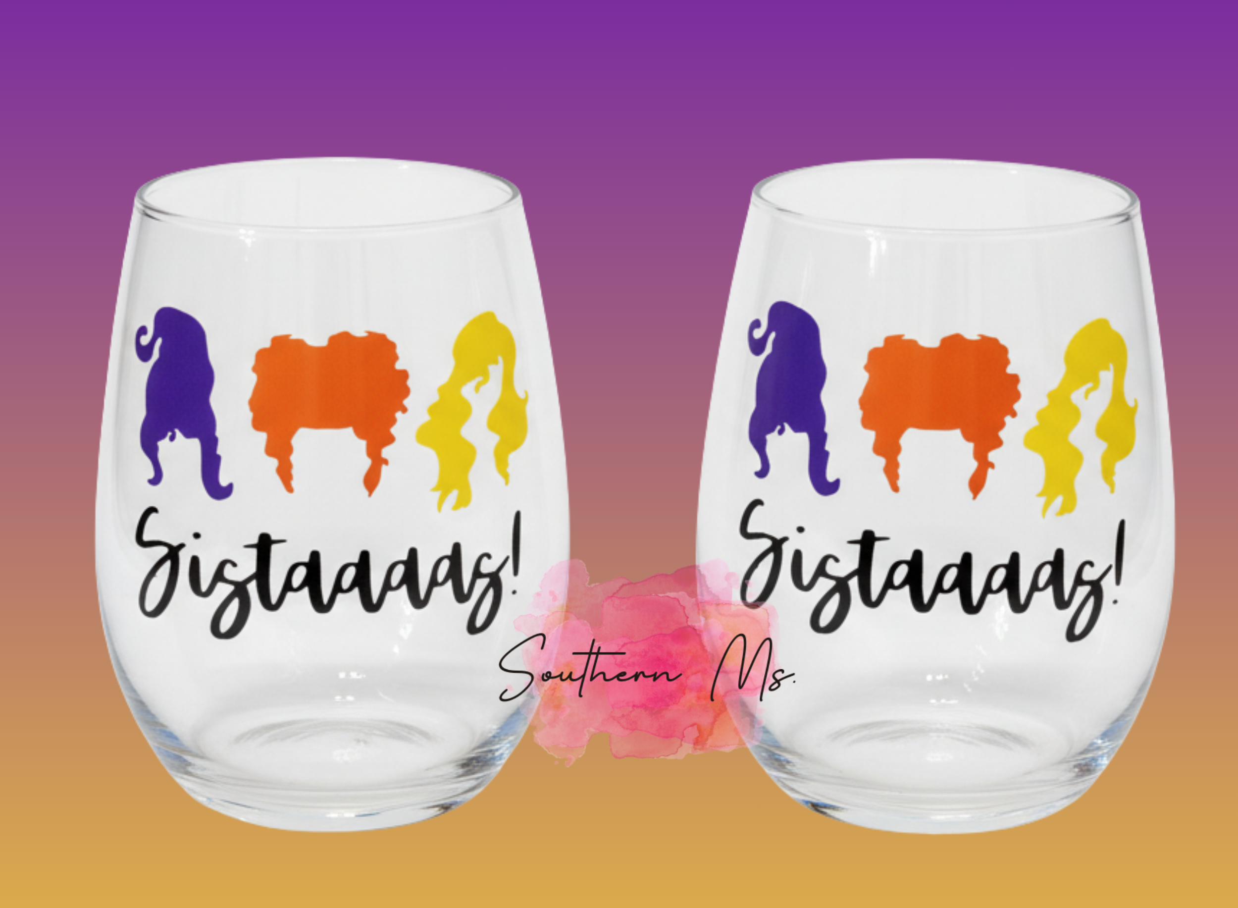 Hocus Pocus Halloween Wine Glass – Wicked Witch Trio Stemless Wine Glass – "Sistaaaaas!" Sanderson Sisters Inspired