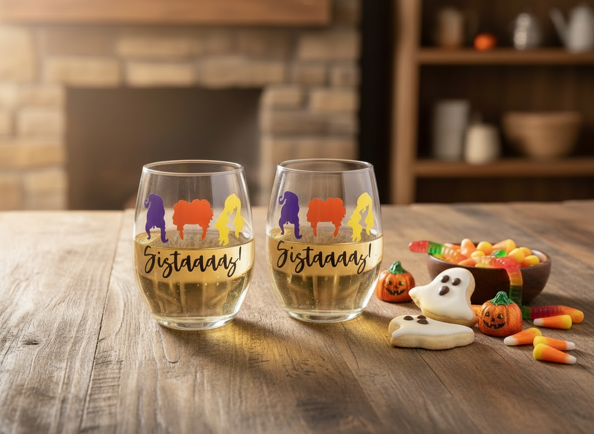 Hocus Pocus Halloween Wine Glass – Wicked Witch Trio Stemless Wine Glass – "Sistaaaaas!" Sanderson Sisters Inspired