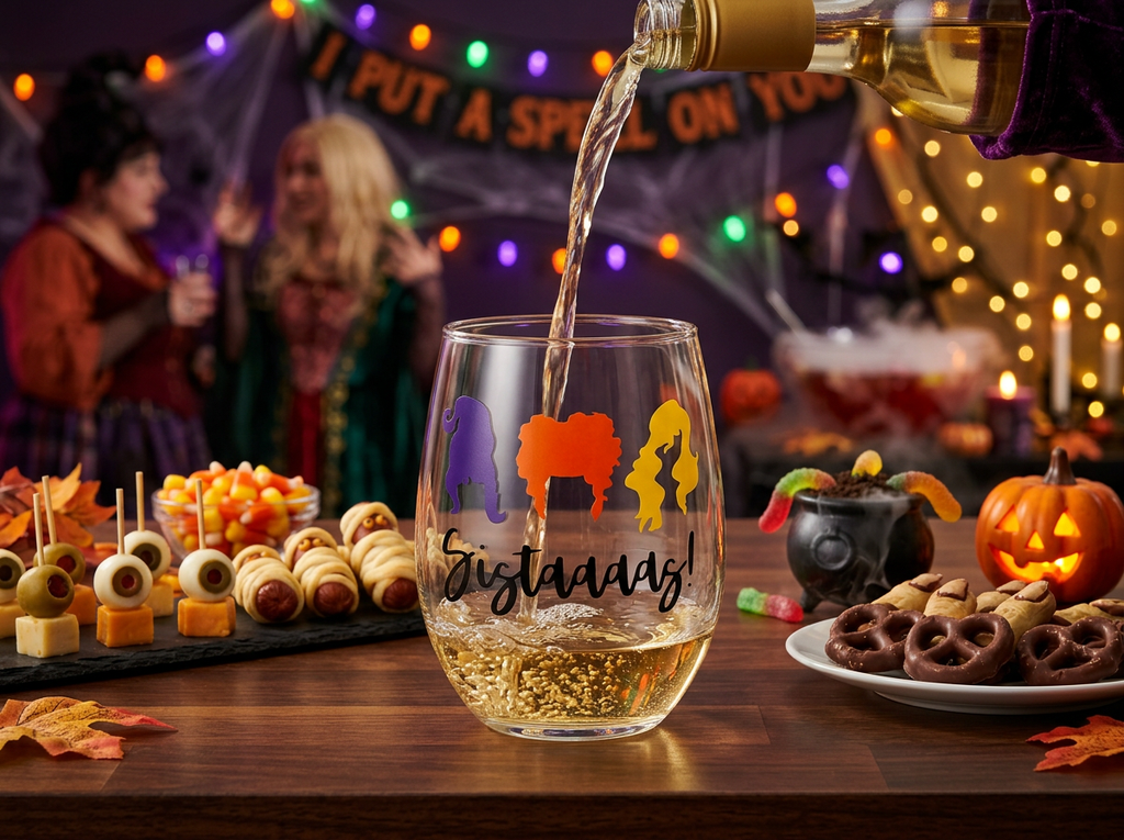 Hocus Pocus Halloween Wine Glass – Wicked Witch Trio Stemless Wine Glass – "Sistaaaaas!" Sanderson Sisters Inspired