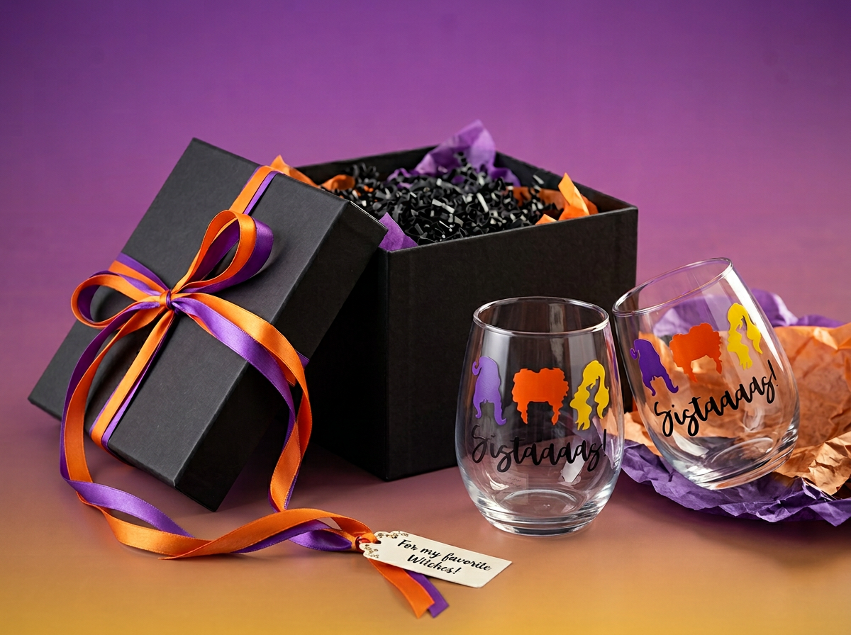 Hocus Pocus Halloween Wine Glass – Wicked Witch Trio Stemless Wine Glass – "Sistaaaaas!" Sanderson Sisters Inspired