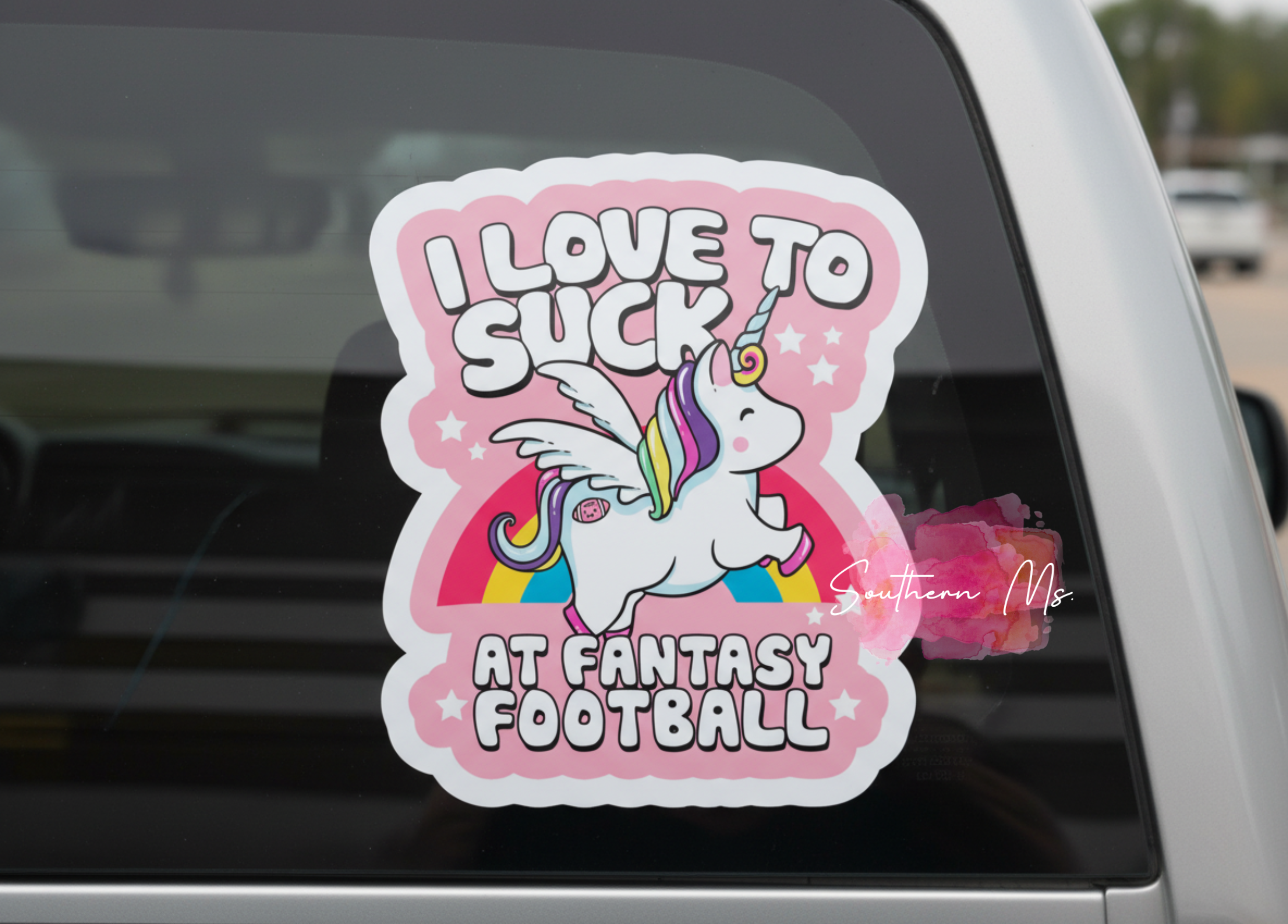 I Love to Suck at Fantasy Football UV Sticker | Funny Unicorn Fantasy League Decal | Waterproof Car, Laptop & Cooler Sticker