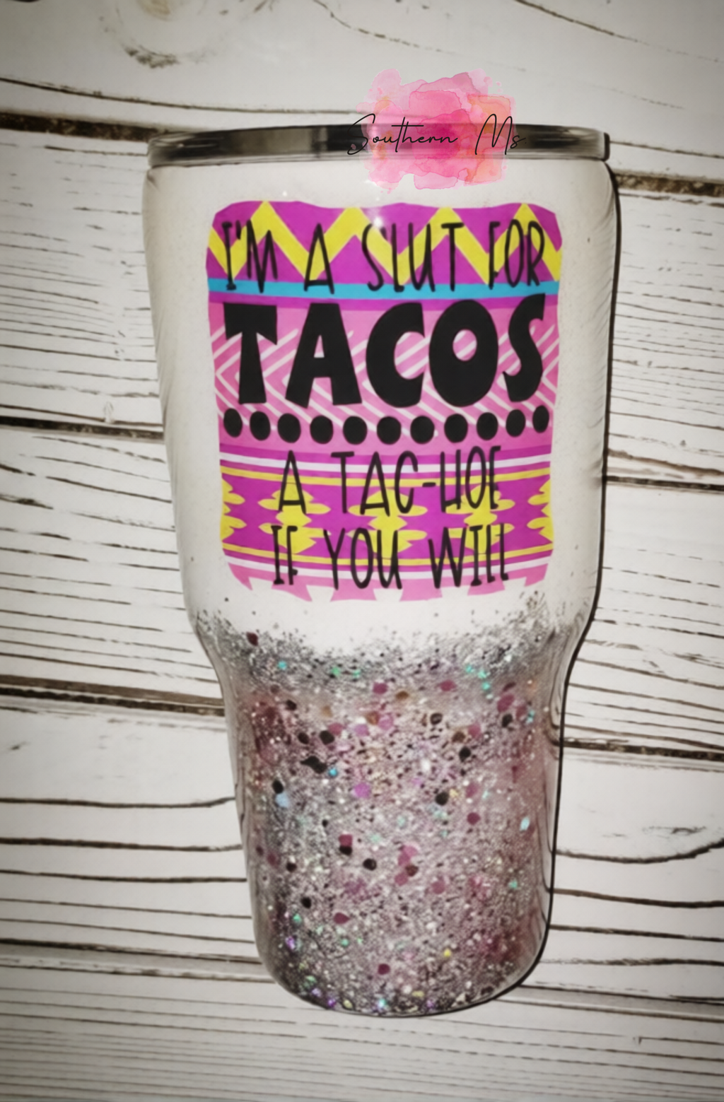 Funny Taco Lover Glitter Tumbler | Sassy Cinco de Mayo Drinkware | "Tac-Hoe" Insulated Travel Cup | Southwestern Pattern Glitter Dipped Mug | Southern Ms Crafty Creations
