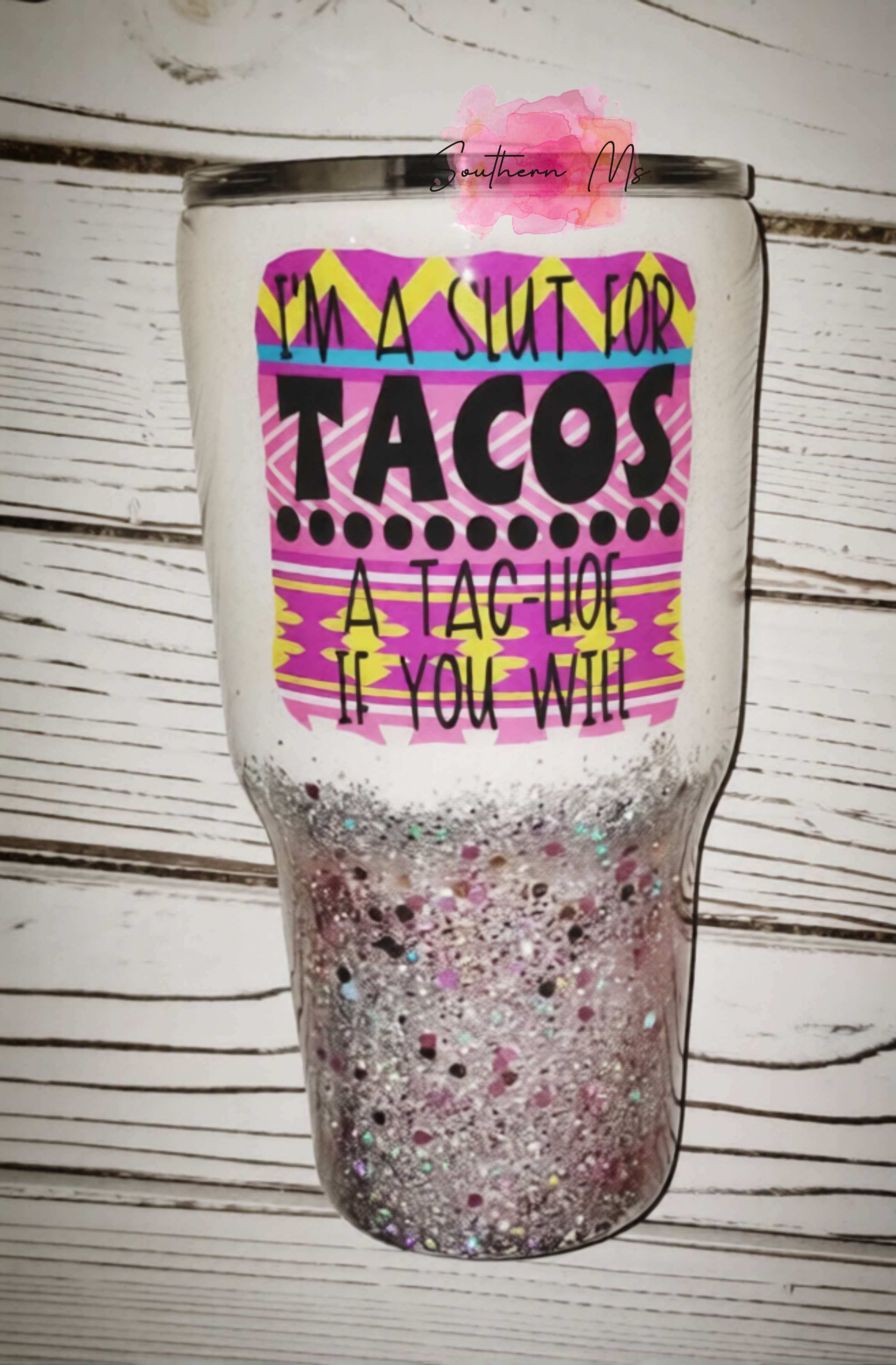 Funny Taco Lover Glitter Tumbler | Sassy Cinco de Mayo Drinkware | "Tac-Hoe" Insulated Travel Cup | Southwestern Pattern Glitter Dipped Mug | Southern Ms Crafty Creations