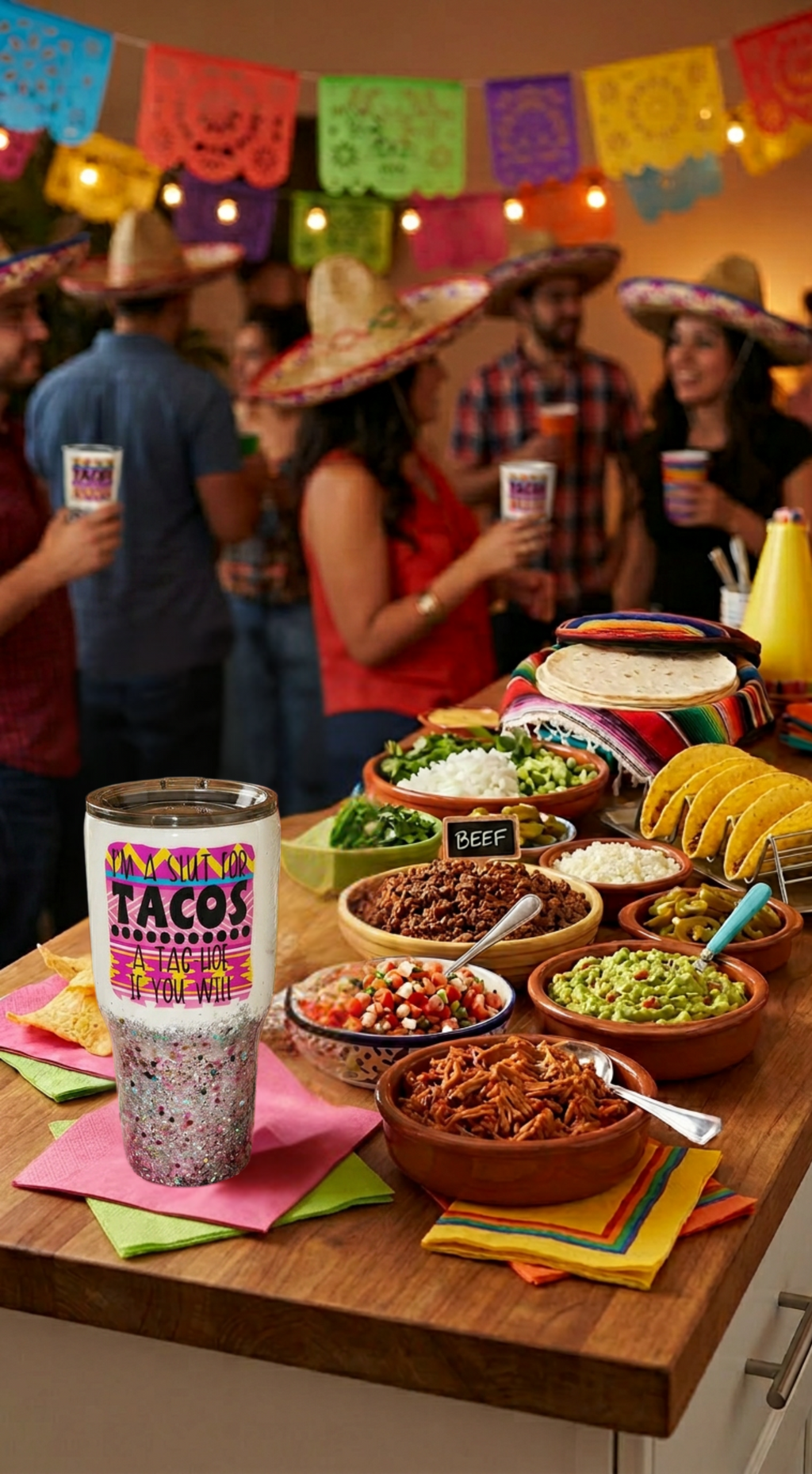 Funny Taco Lover Glitter Tumbler | Sassy Cinco de Mayo Drinkware | "Tac-Hoe" Insulated Travel Cup | Southwestern Pattern Glitter Dipped Mug | Southern Ms Crafty Creations