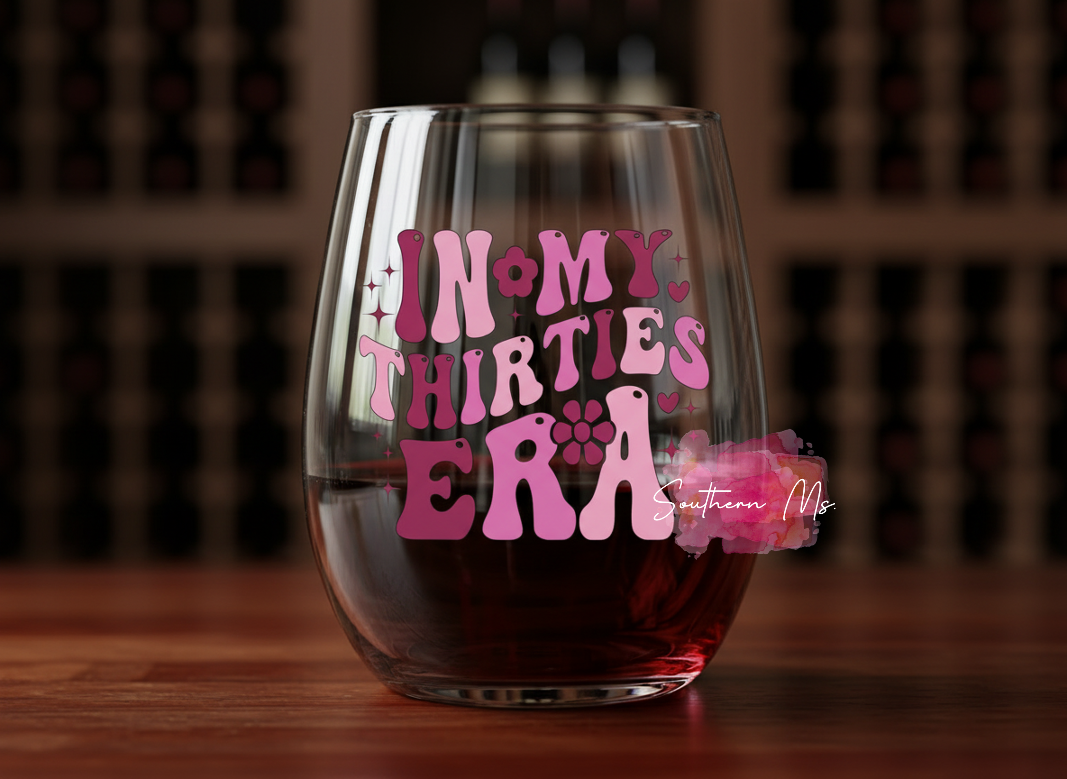 "In My Thirties Era" Retro Stemless Wine Glass – Groovy 30th Birthday Gift