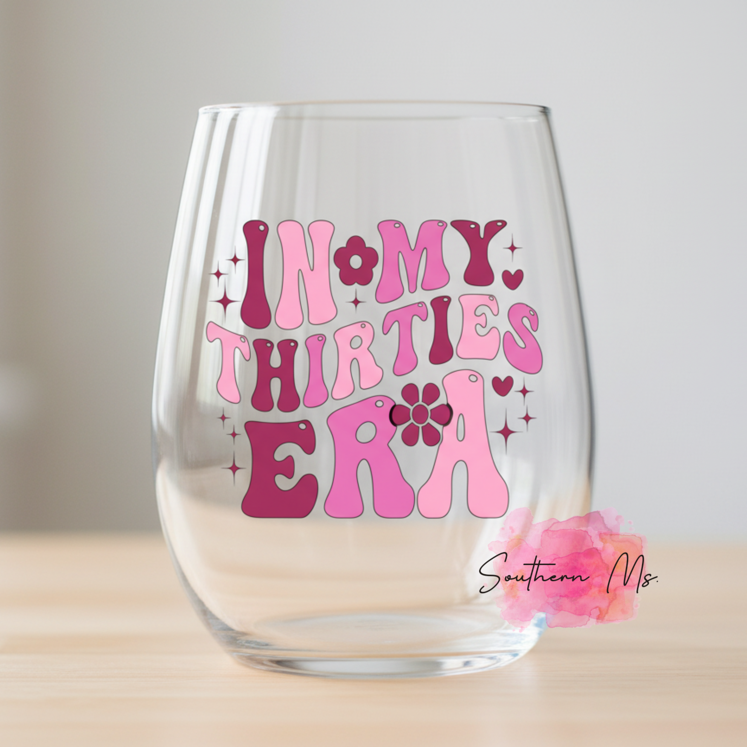 "In My Thirties Era" Retro Stemless Wine Glass – Groovy 30th Birthday Gift