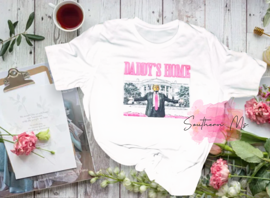 Daddy's Home Trump White House T-Shirt - Pink & Grey Graphic Political Tee