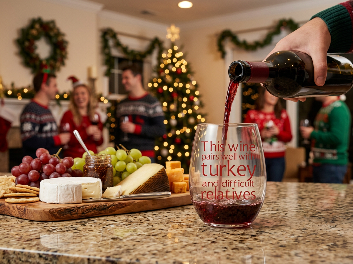 "This Wine Pairs Well With Turkey and Difficult Relatives" Stemless Wine Glass