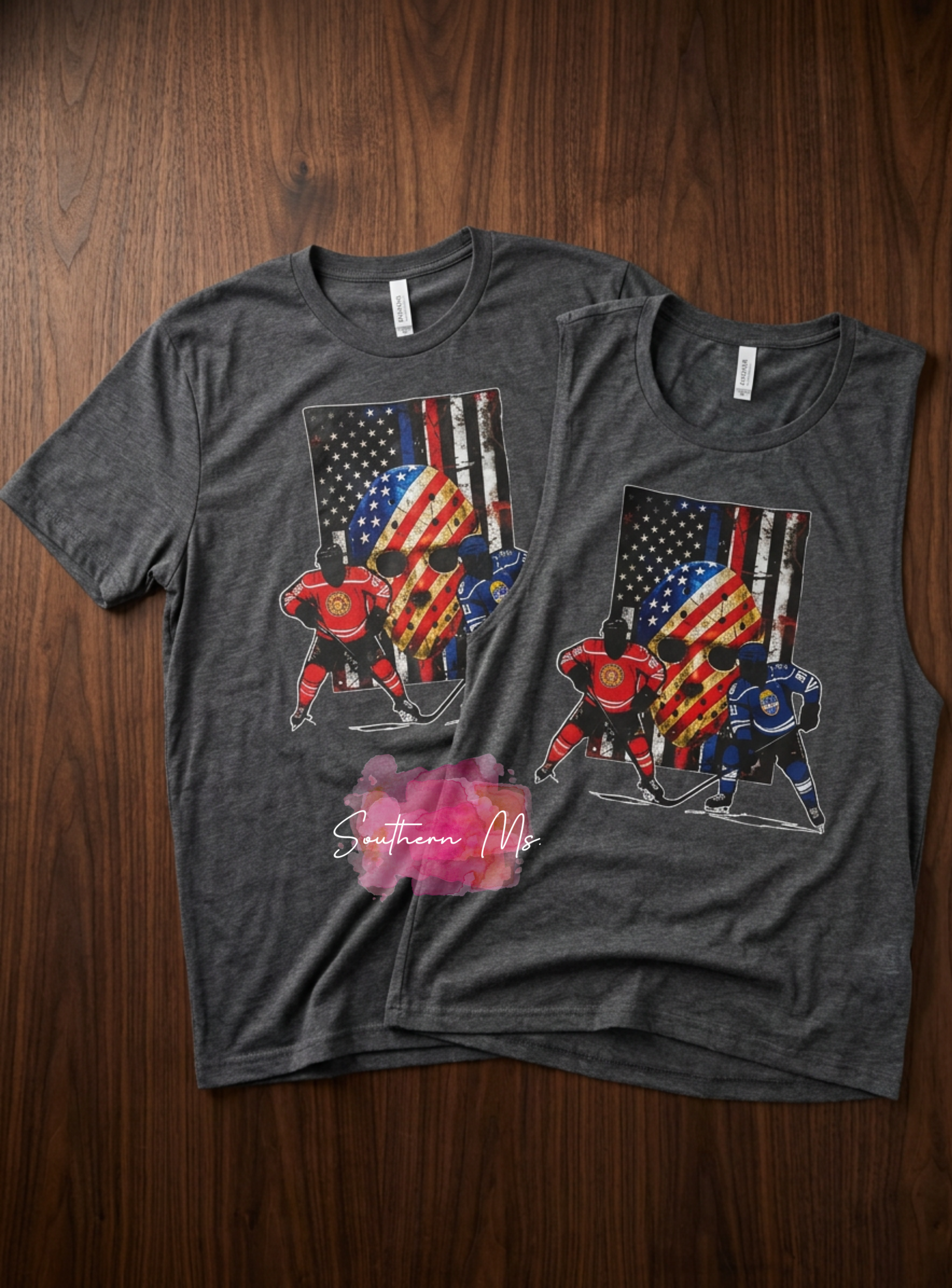 USA Hockey Patriotic Muscle Tank | American Flag Hockey Mask Graphic Tee | First Responder Thin Blue & Red Line Hockey Shirt | Southern Ms Crafty Creations
