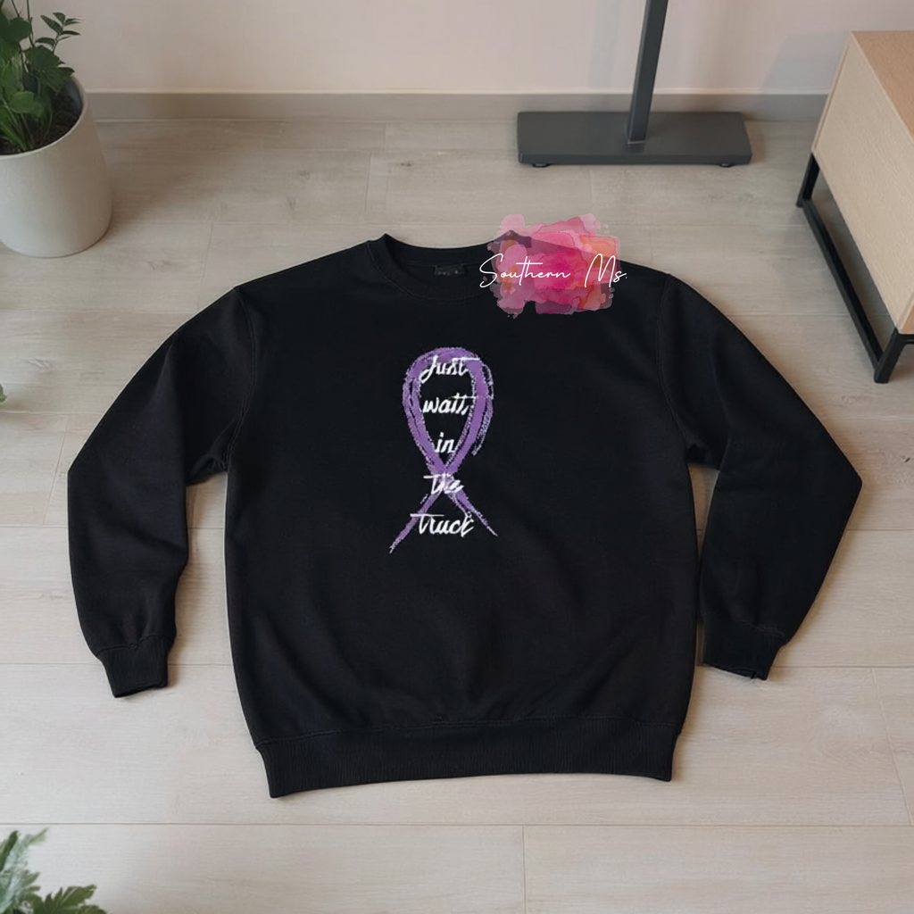 "Just Wait In The Truck" Country Music Inspired Tank Top | Domestic Violence Awareness Ribbon Graphic Tee | Sassy Southern Justice Muscle Tank