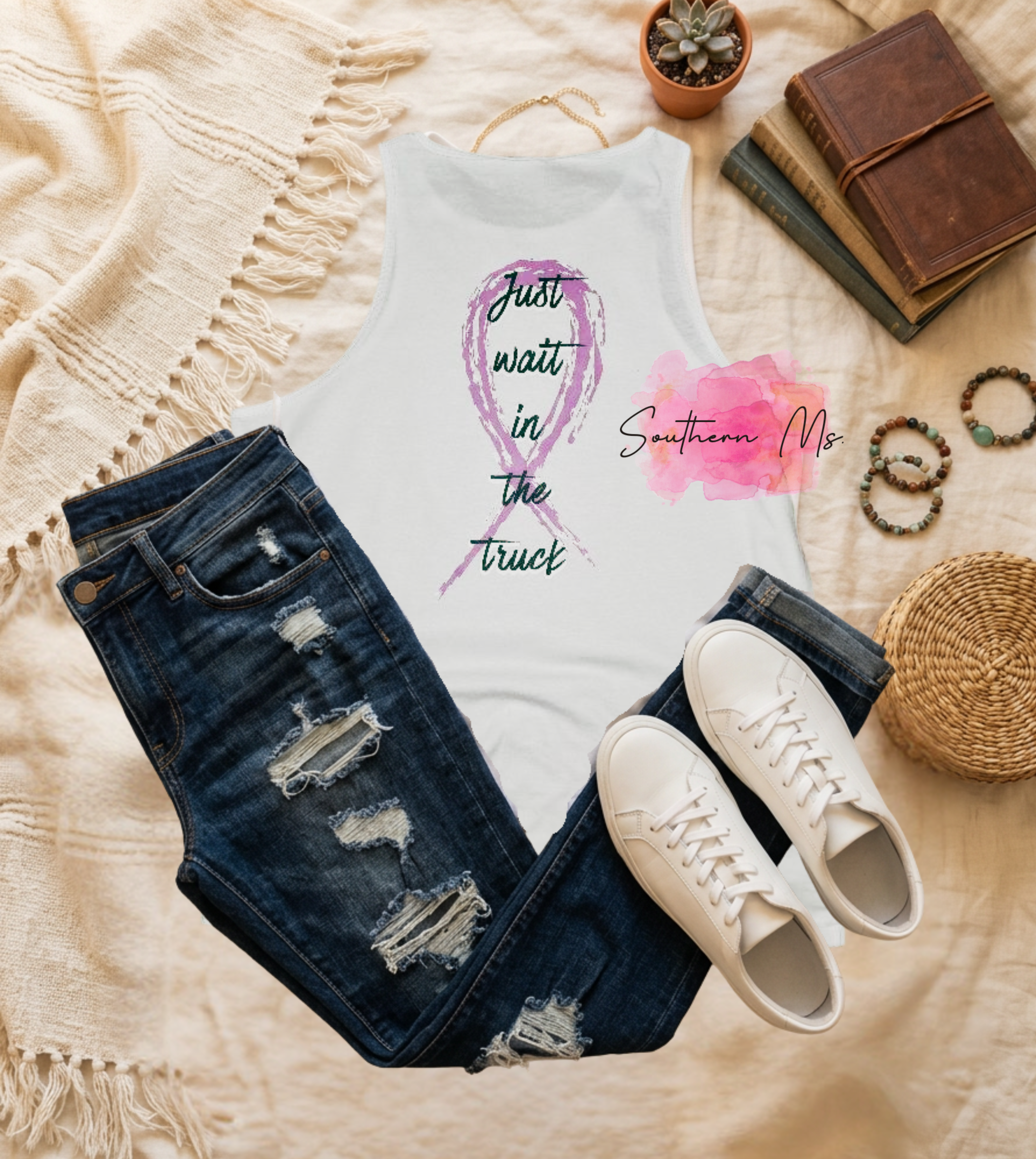 "Just Wait In The Truck" Country Music Inspired Tank Top | Domestic Violence Awareness Ribbon Graphic Tee | Sassy Southern Justice Muscle Tank