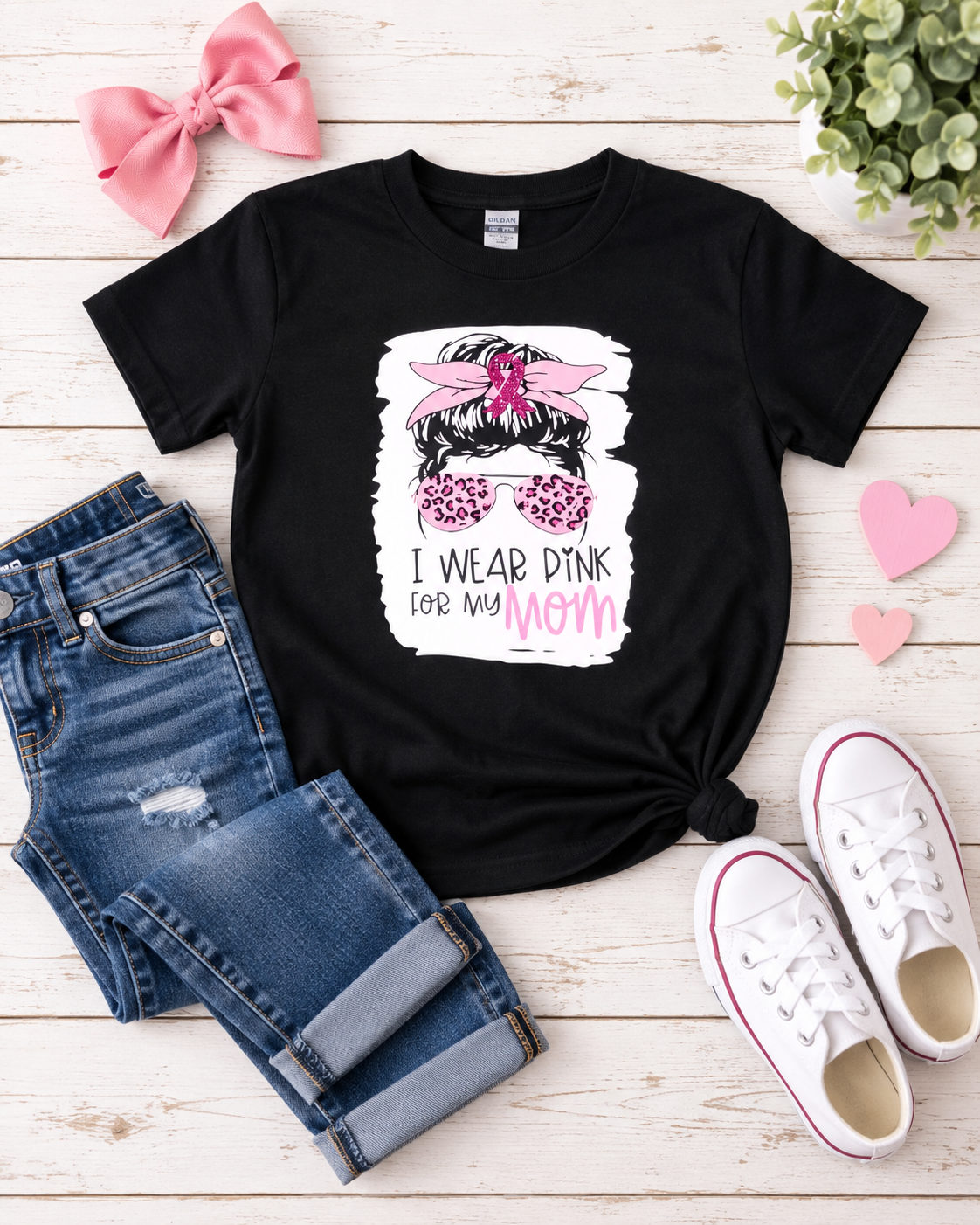 I Wear Pink for My Mom *Messy Bun Design* Breast Cancer Awareness Kids Shirt