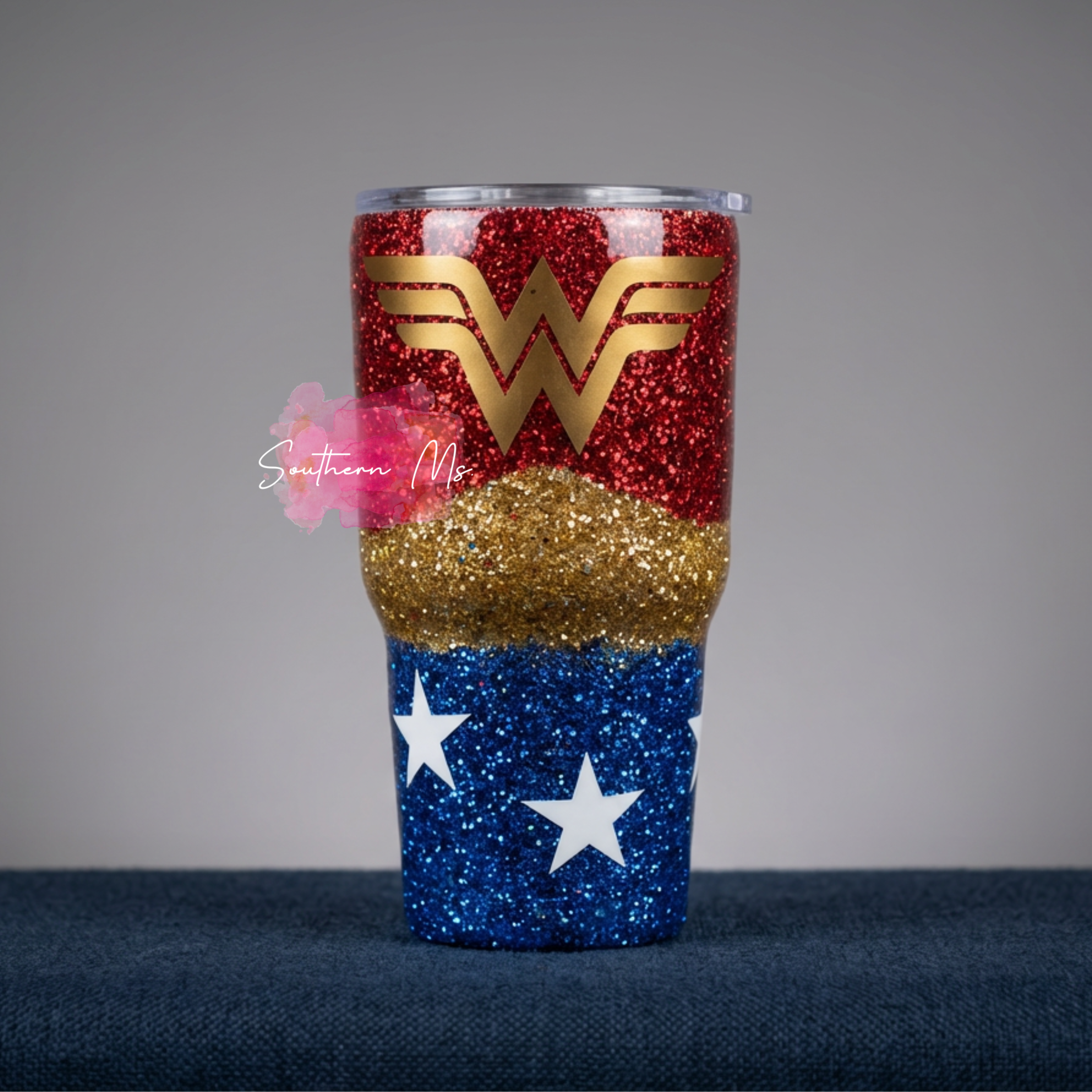 Wonder Woman Glitter Tumbler | Superhero Cup for Women | Red Gold Blue Sparkle Epoxy Tumbler