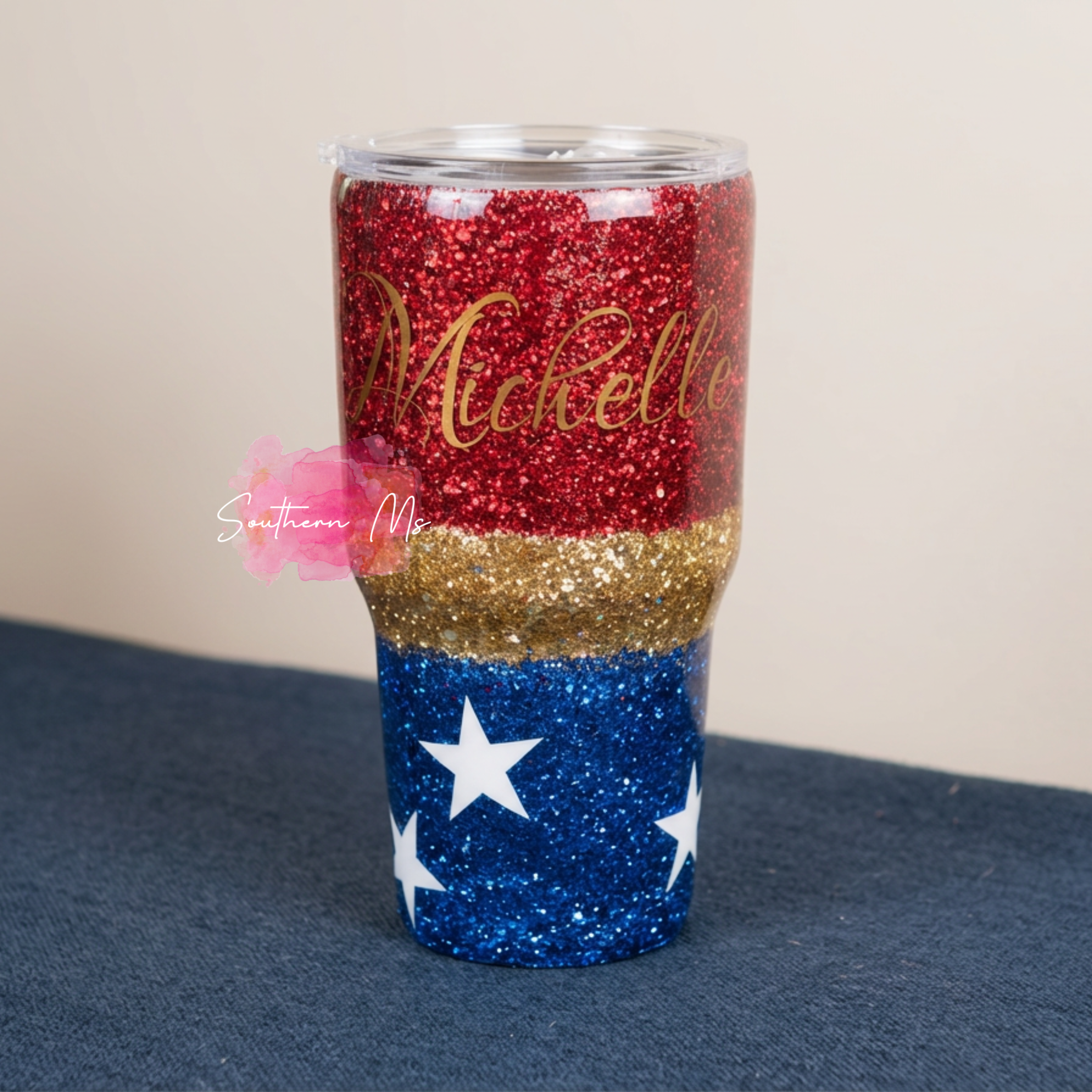 Wonder Woman Glitter Tumbler | Superhero Cup for Women | Red Gold Blue Sparkle Epoxy Tumbler